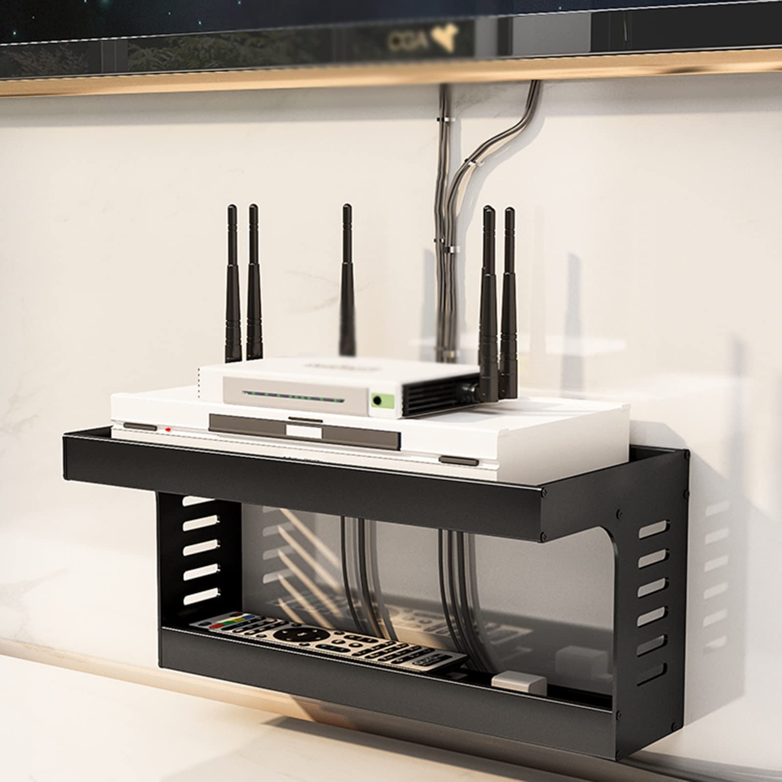 Supporto da parete per console multimediale flottante, mensola TV per decoder via cavo, router, scaffale portaoggetti con divisorio, ideale per proiettori, set top box, console di gioco e libri, 50 x