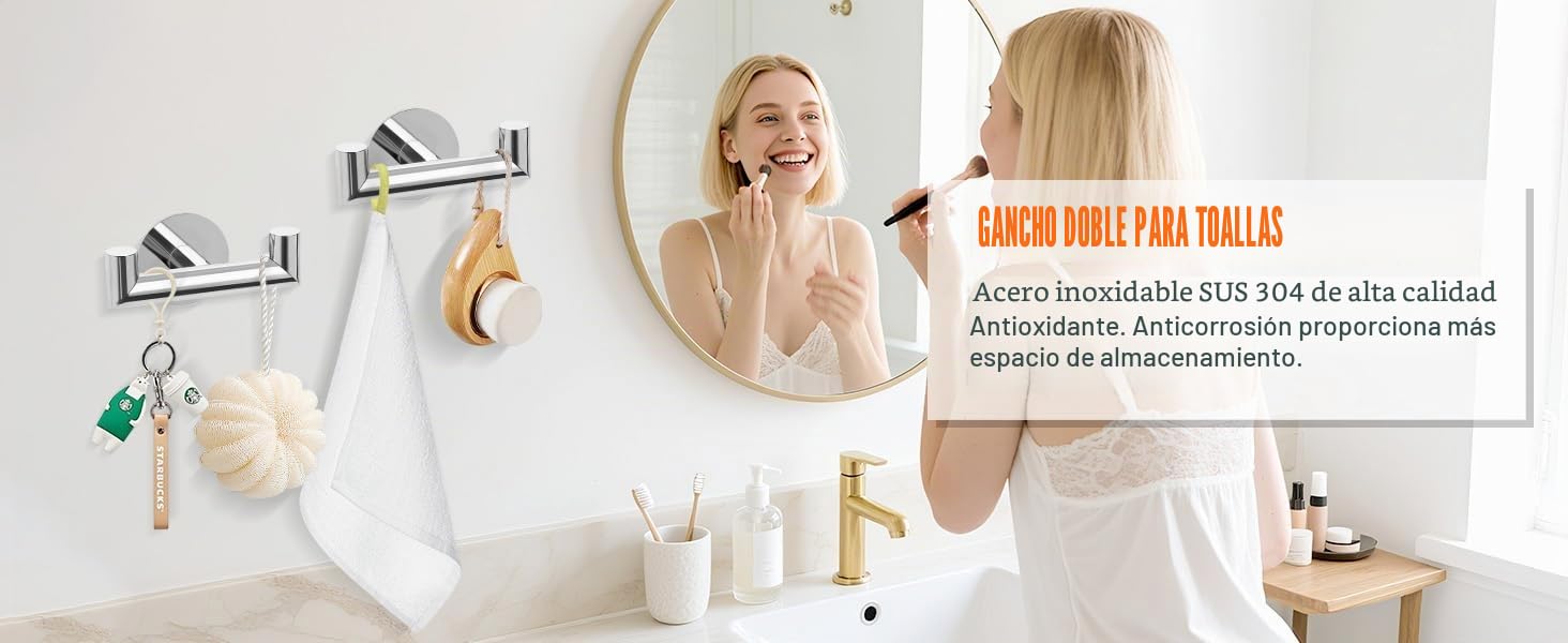 YUET Ganchos Doble Adhesivos para Pared, 2 Piezas Soporte de Pared para Toallas de Baño Albornoz Trapos, Acero Inoxidable, Colgador sin Taladrar Cocina, Cromado