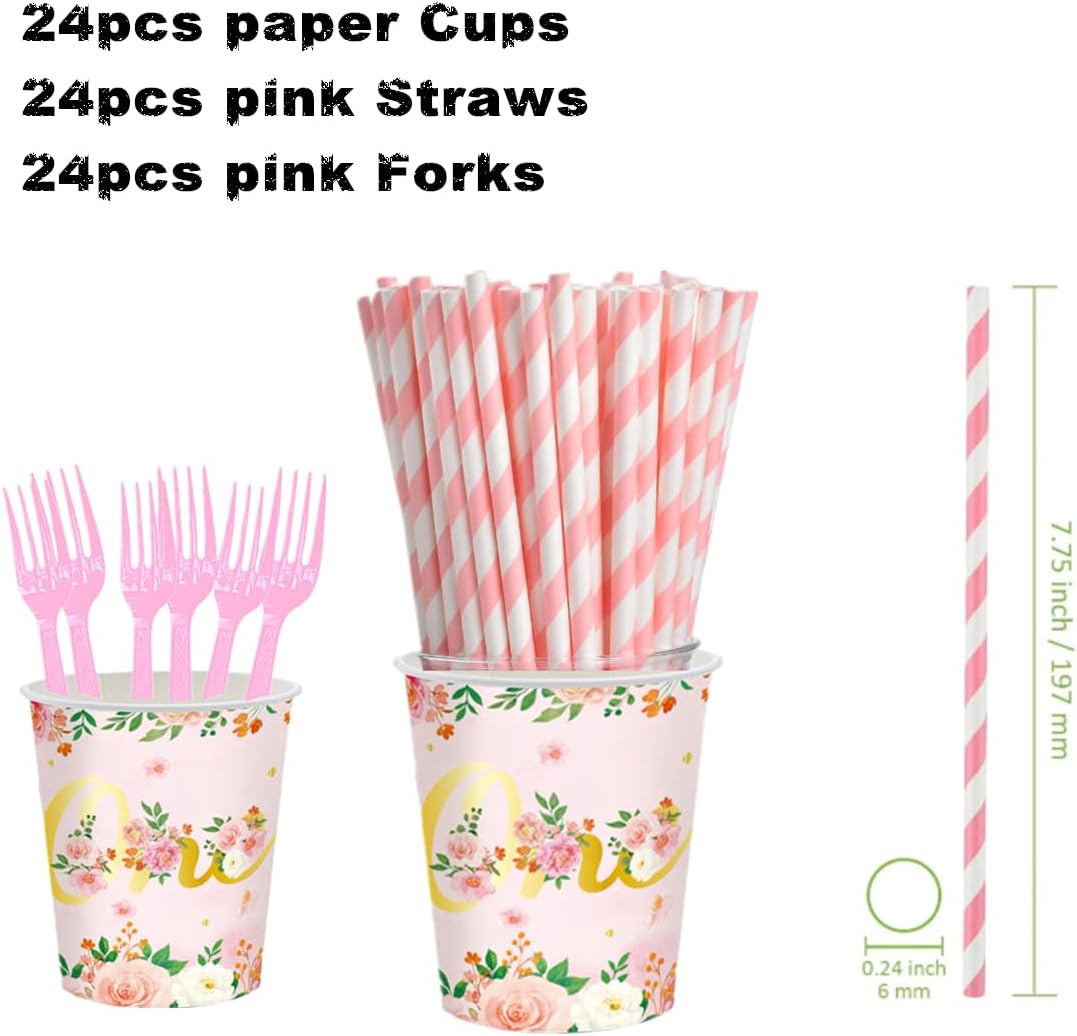 147Pcs 1st Birthday Party Supplies, First Year Floral Birthday Tableware Decorations Favors for Baby Shower, Girls’ One Birthdays Plates Napkins Cups Tablecloth Forks Dinnerware, Serves 24 Guests - Image 4
