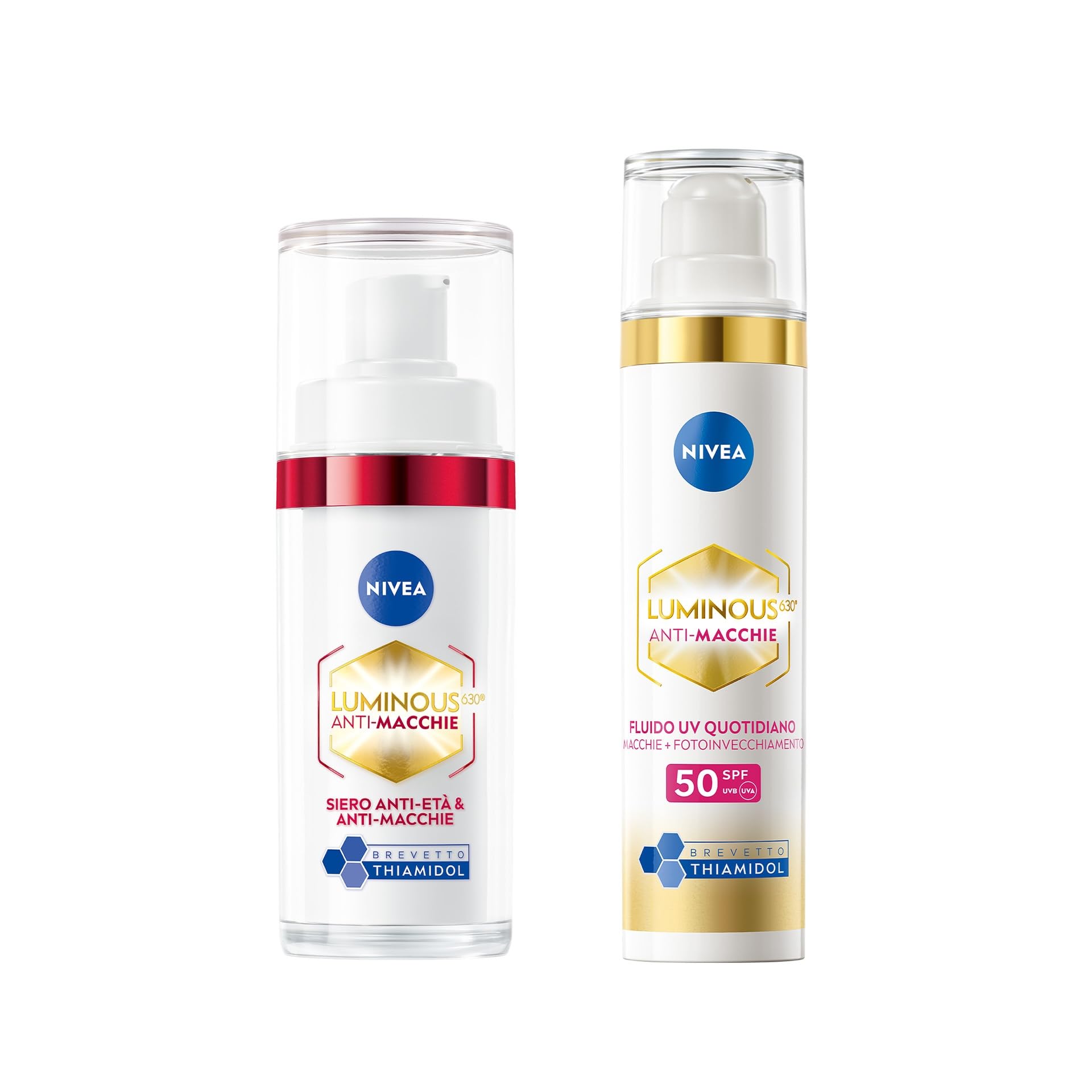 NIVEA Luminous630 Skincare Kit Anti-Macchie, Set skincare completo con Siero Viso Anti-Età & Anti-Macchie 30 ml e Fluido UV Quotidiano Crema viso SPF 50 40 ml con Thiamidol brevettato antimacchia
