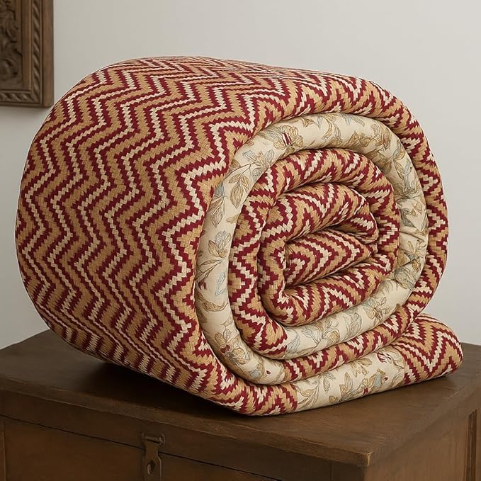 Image of SANMARINO Jaipuri Razai Single Bed Reversible Cotton Quilt | Traditional Ethnic Floral Print Dohar | Lightweight AC Comforter with Pure Cotton Filling | All-Season Blanket (Deep Maroon)