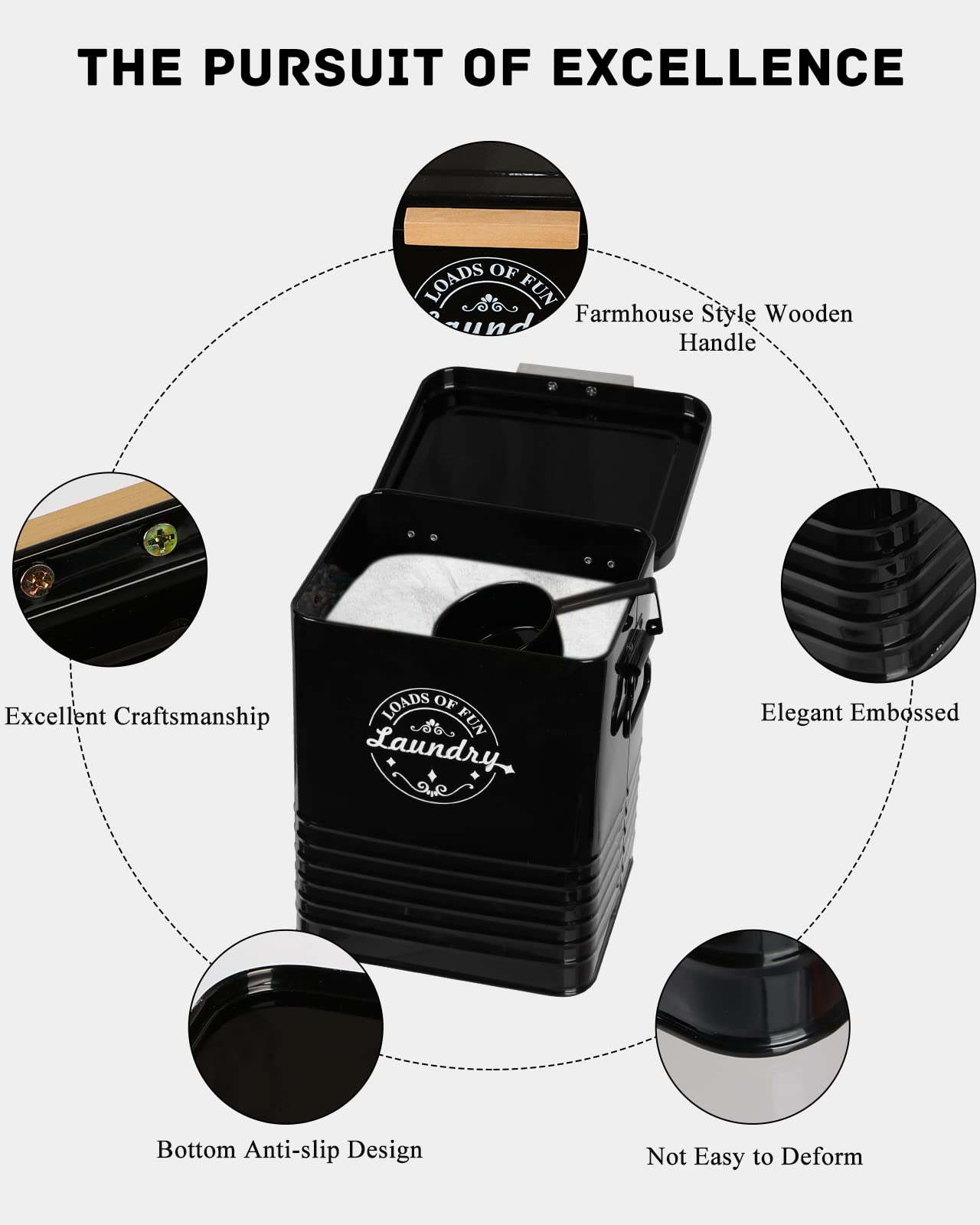 Dispensador de detergente en polvo para la organización de la lavandería. Dispensador de jabón de lavandería de metal con cuchara y tapa. Decoración moderna de lavandería y accesorios (negro)