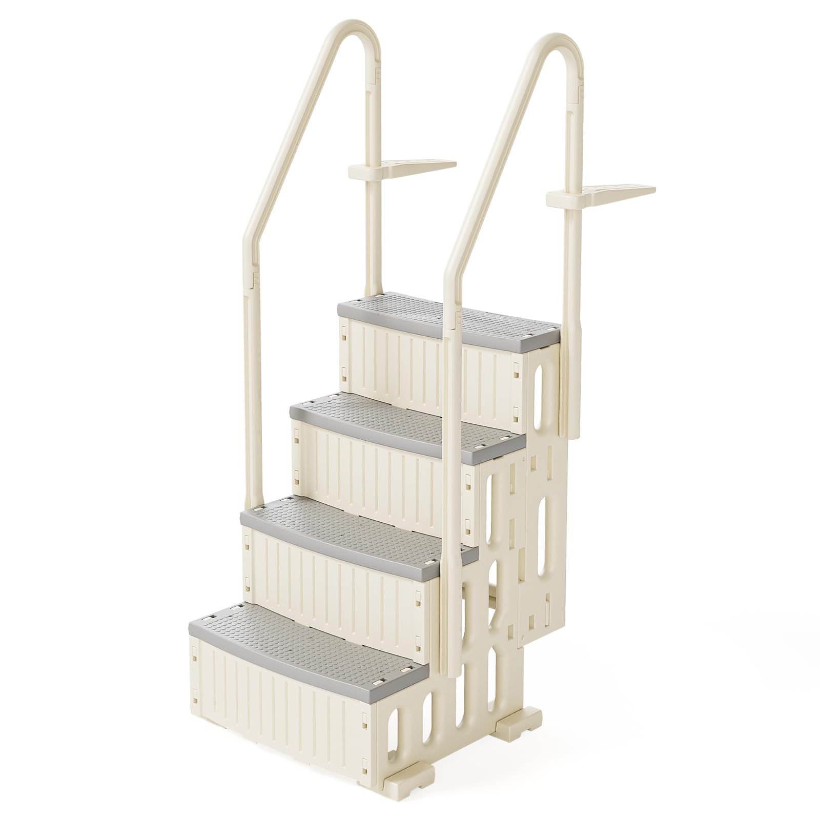 BONNLO Échelle de Piscine Antidérapante PE, Escalier de Piscine, Adaptée aux Piscines Hors Sol et Creusées Intérieur Extérieur, Blanc Cassé (Blanc + Pédale Grise, 4)