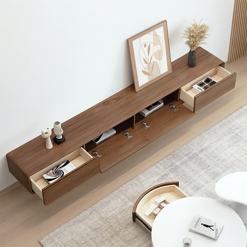Mobile TV In Legno Massello, 160–240 CM Mobile TV Sospeso, Mobile Basso Per TV Da Parete, Adatto Per Il Soggiorno E La Camera Da Letto Marrone 240cm