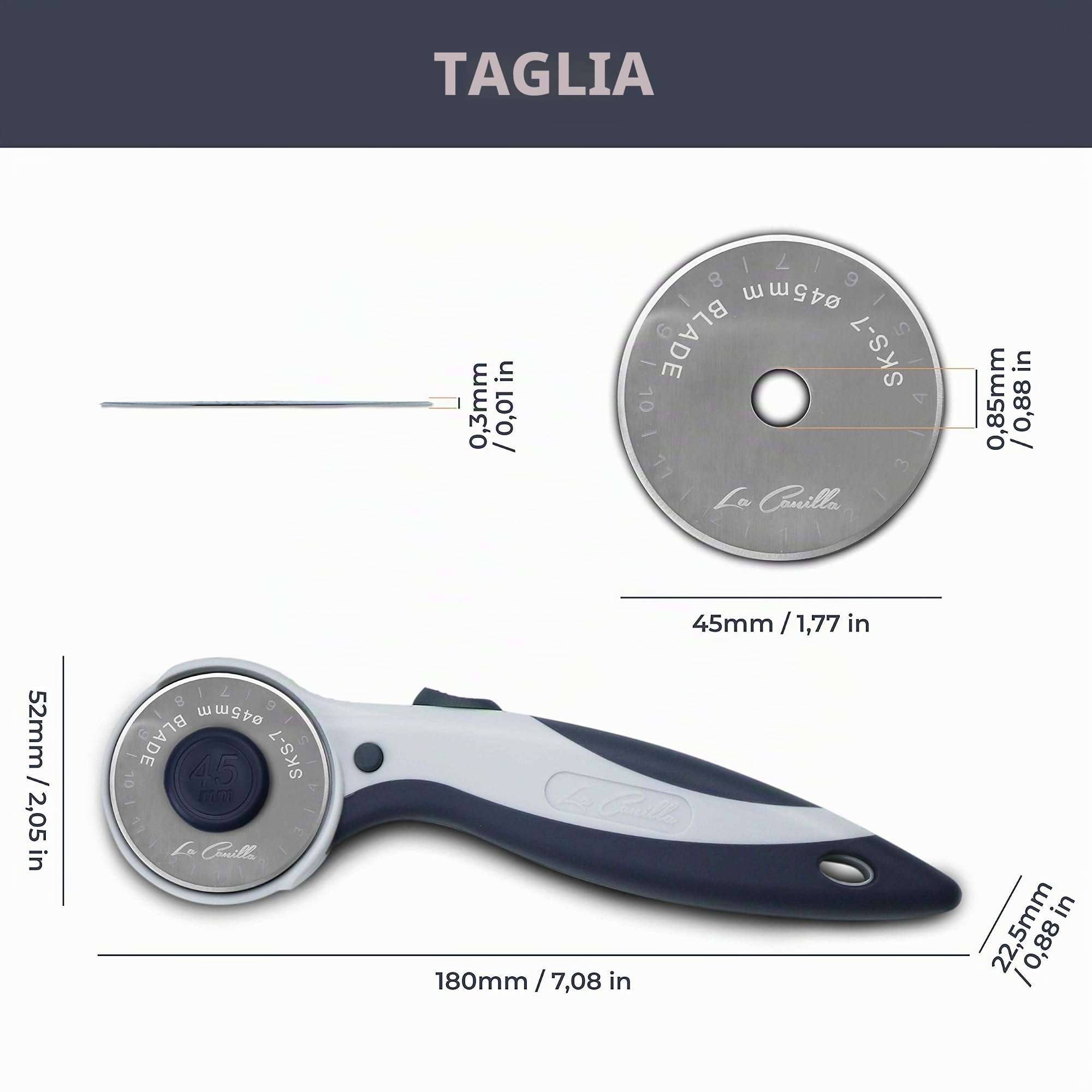 La Canilla Cutter per Tessuti Circolare 45mm, Patchwork, Sarta, DIY, Scrapbooking Taglierina di Precisione con 6 Lame di Ricambio
