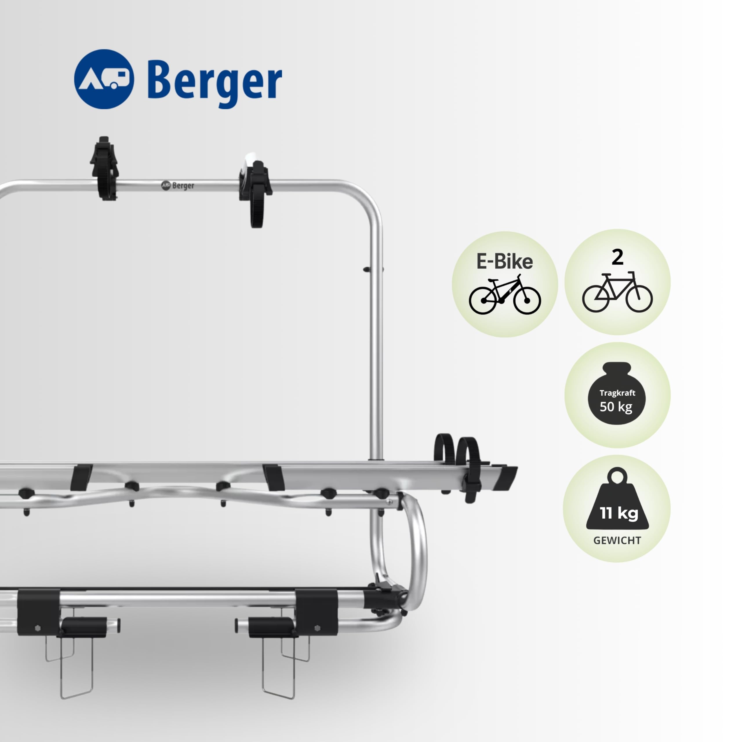 BERGER Portabicicletas para caravanas | Portabicicletas Premium 2XL para 2 bicicletas de hasta 50 kg de capacidad de carga | completamente plegable para facilitar el acceso a las aberturas de la