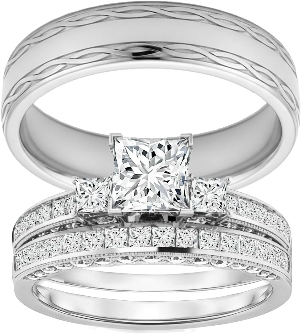 S925 Silver 10K 14K 18K Gold Couple Wedding Bands Ring Set for Women and Men 1-3 Carat Moissanite Couple Matching Engagement Rings Set 3pcs Bridal Rings Sets for Her and Him Free Engraving