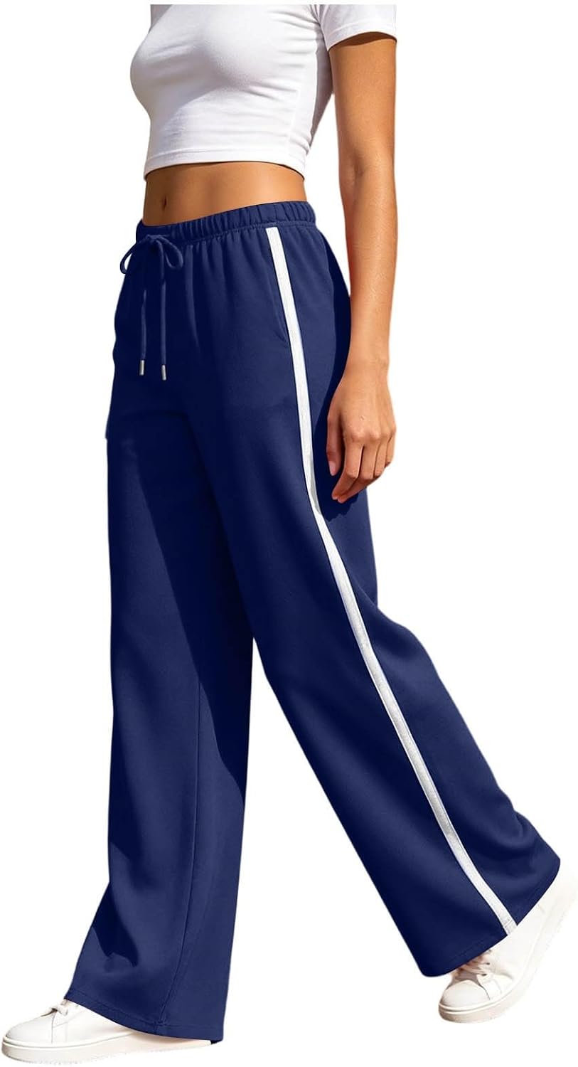 Womens Wide Leg Sweatpants Side Striped Drawstring Waist Track Pant | Lightweight Casual Athletic Sports Pants Fashion Workout Baggy Lounge Trousers with Pockets