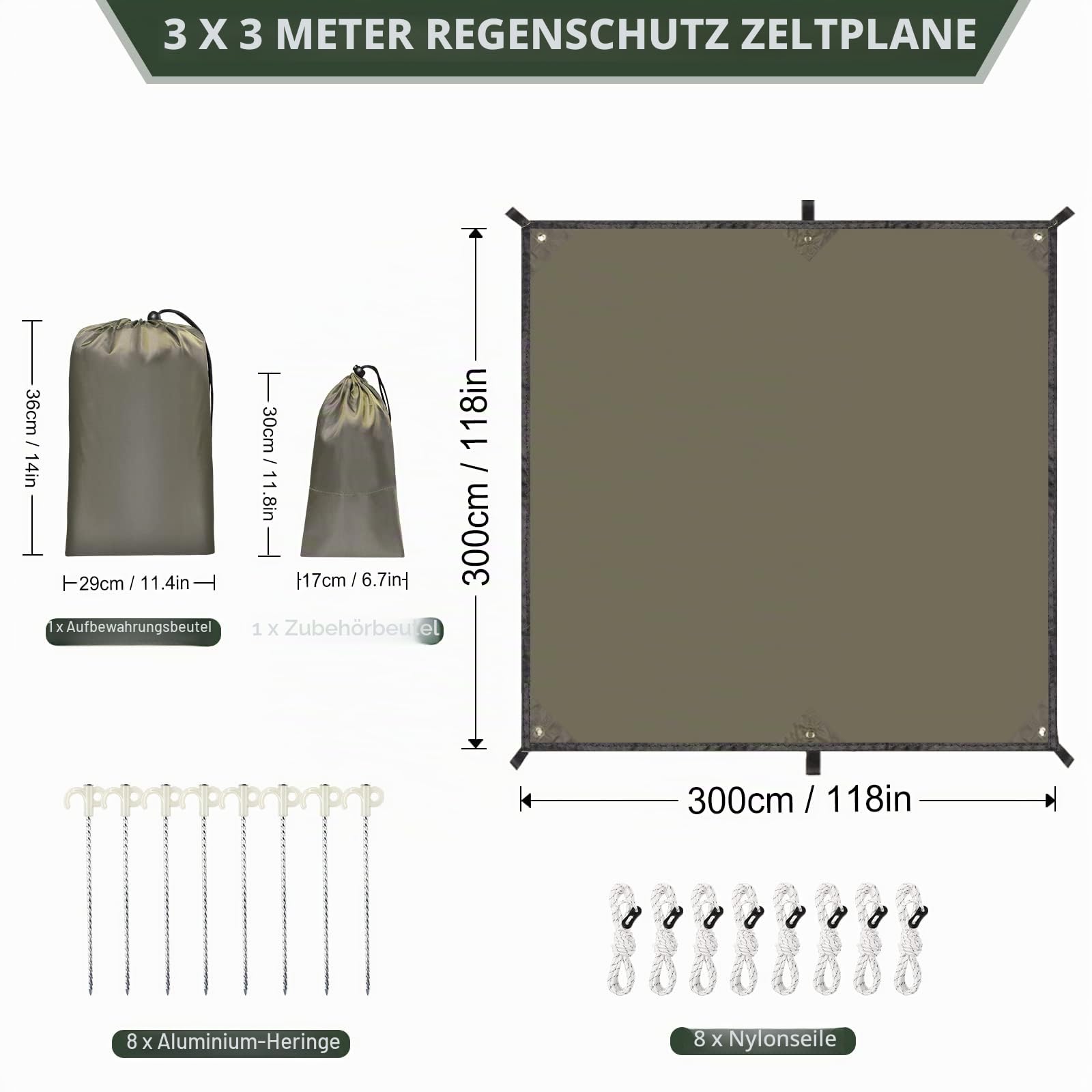 Camping Zeltplane 300 cm x 300 cm/400 cm wasserdichte Anti-UV-Hängemattenplane mit 8 Erdnägeln und 8 Seilen für Picknick im Freien