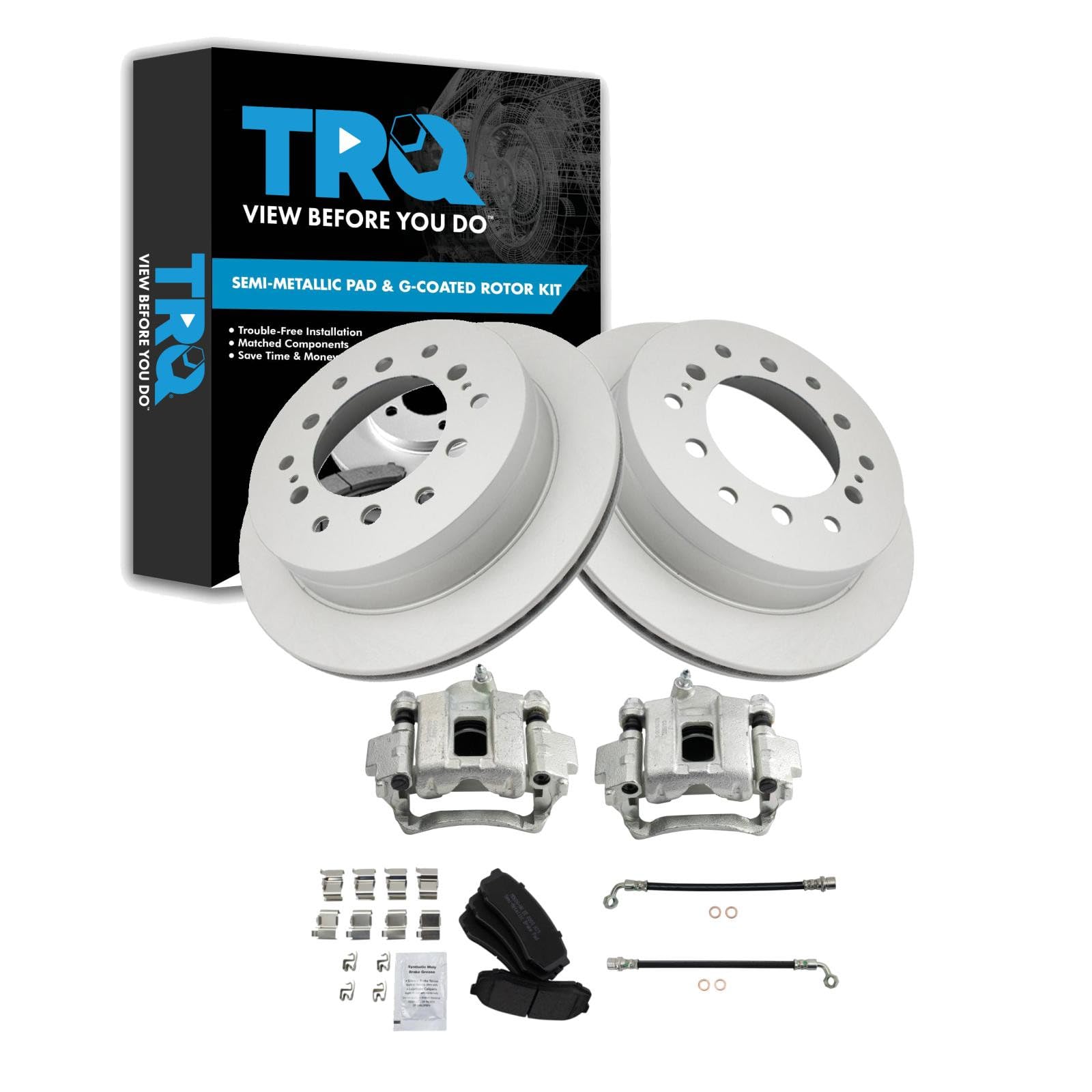 TRQ Rear Brake Pad and Rotor Set Semi Metallic Coated Rotors Calipers Compatible with 2003-2009 Lexus GX470
