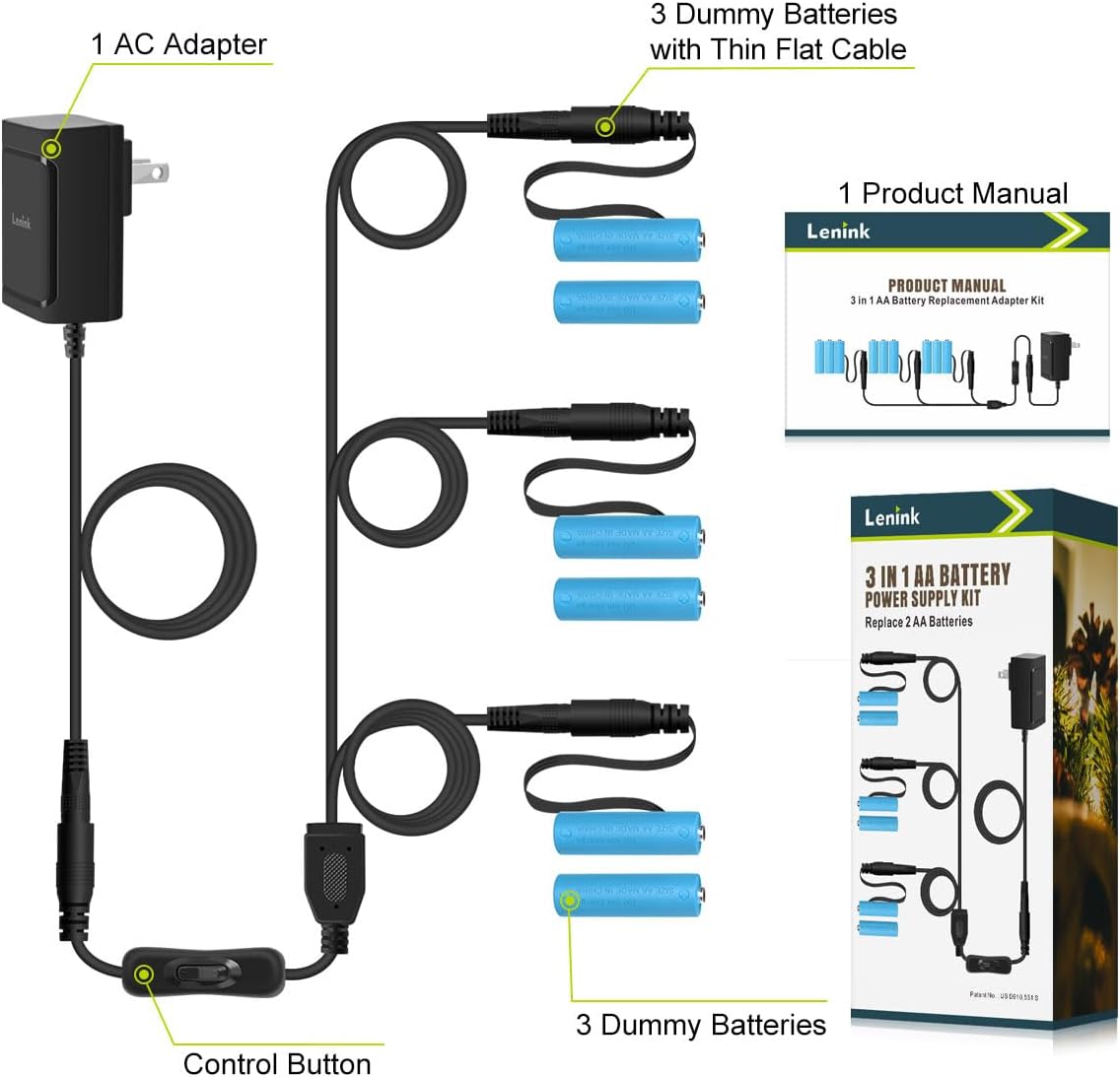 Lenink 1 to 3 AC Power Supply Adapter Kit with On/Off Switch, Battery Replacement for AA Battery (Black)