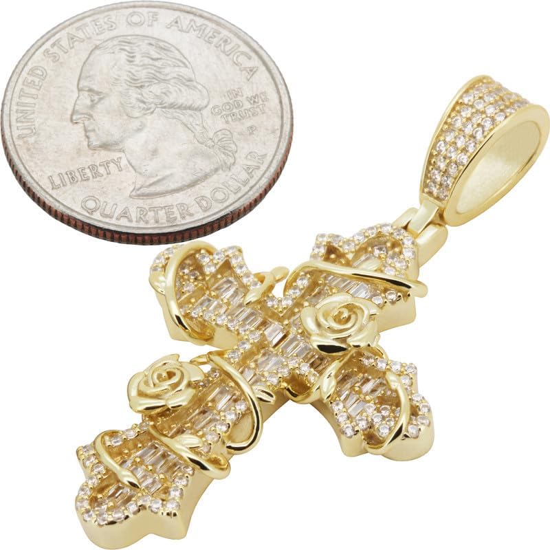 925 Sterling Silver 14k Gold Vermeil AAA Cubic Zirconia Tangled Rose Vine Cross Pendant
