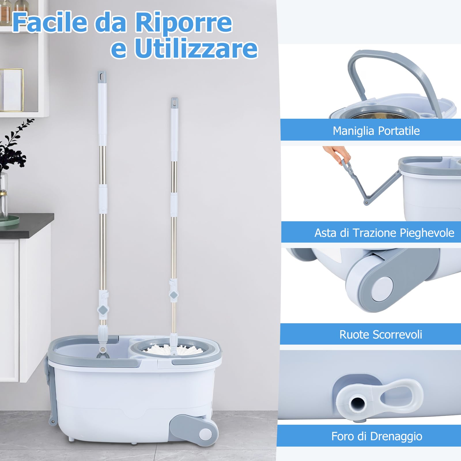 LIFEZEAL Set di secchio e mocio, mop per la pulizia dei pavimenti girevole a 360° in microfibra con manico telescopico, secchio mocio a 2 scomparti con scolapiatti (tuta mop + 6 x Round Mop)