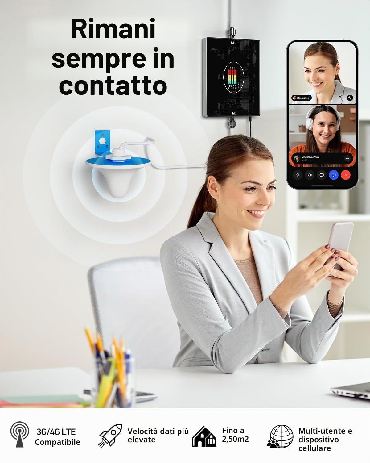 Amplificatore Segnale Cellulare- Ripetitore Segnale Cellulare a Bande 20/8/3/1/7 per Operatori Europei Wind Tre,TIM,Vodafone e Iliad-Amplificatore 4G/3G per Dati e Chiamate, ideale per Casa e Ufficio