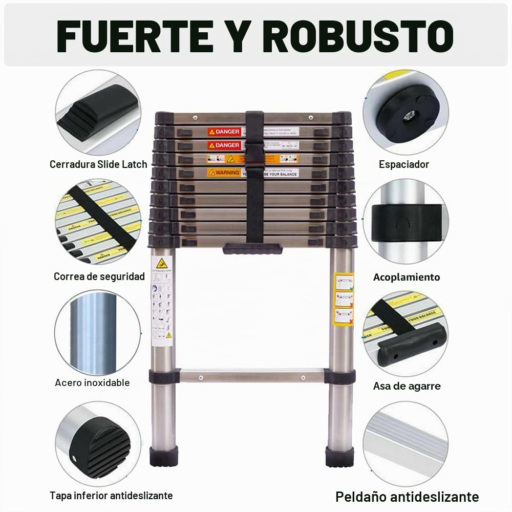 Escalera telescópica de 3,2 m, de acero inoxidable, antideslizante, con 11 peldaños, portátil para exterior e interior, capacidad de carga de 150 kg