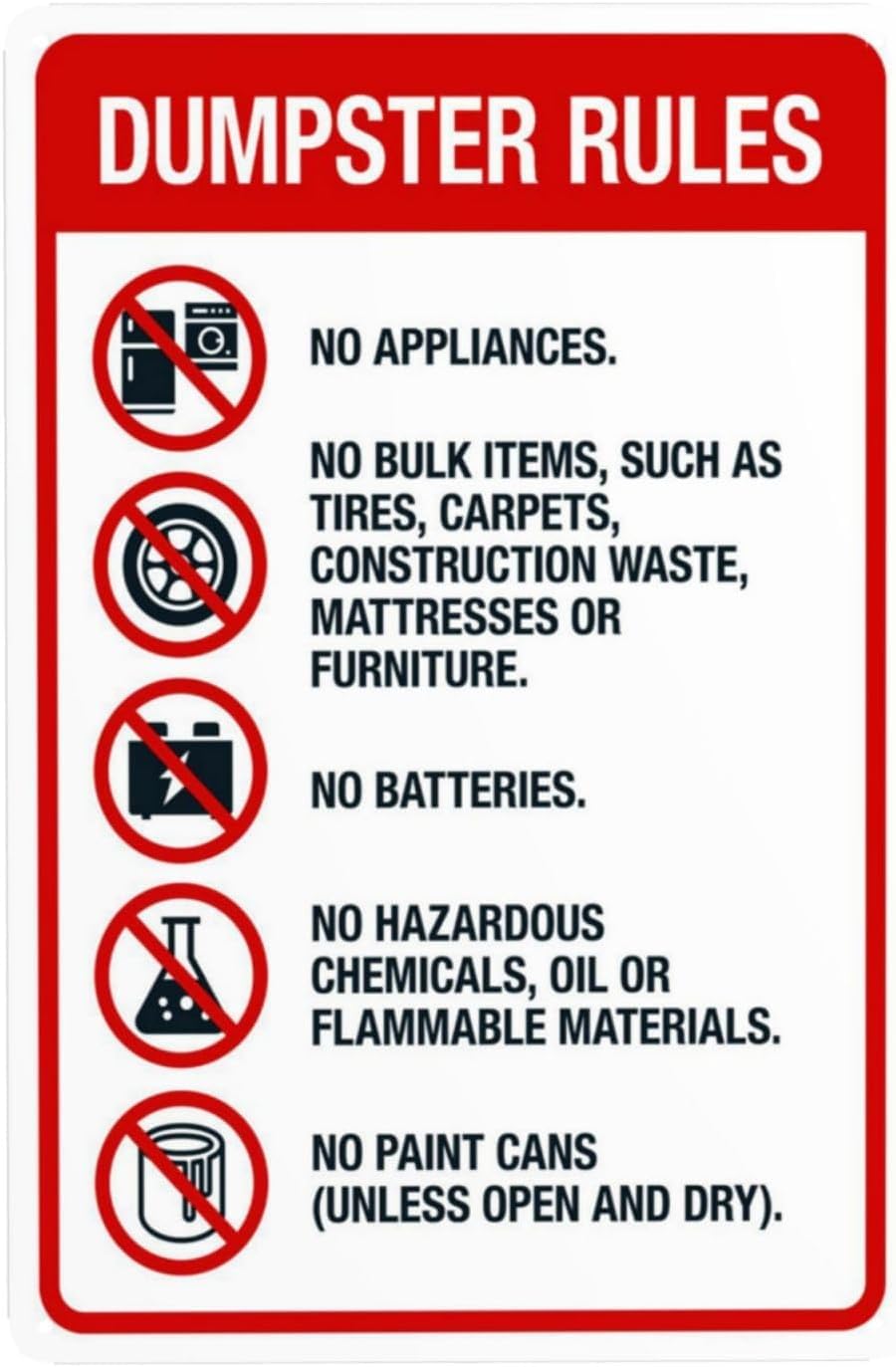 No Appliance Battery Paint Can Storage Sign, Public Area Item Ban Safety Metal Sign 12x8 Inch