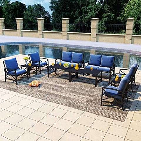 PatioFestival Outdoor Furniture Set Patio Conversation Sets Modern Metal Patio Sofas with Loveseat, Chairs and Coffee Table for Yard, Pool, Garden, Porch (10 Pcs, Blue) Cover