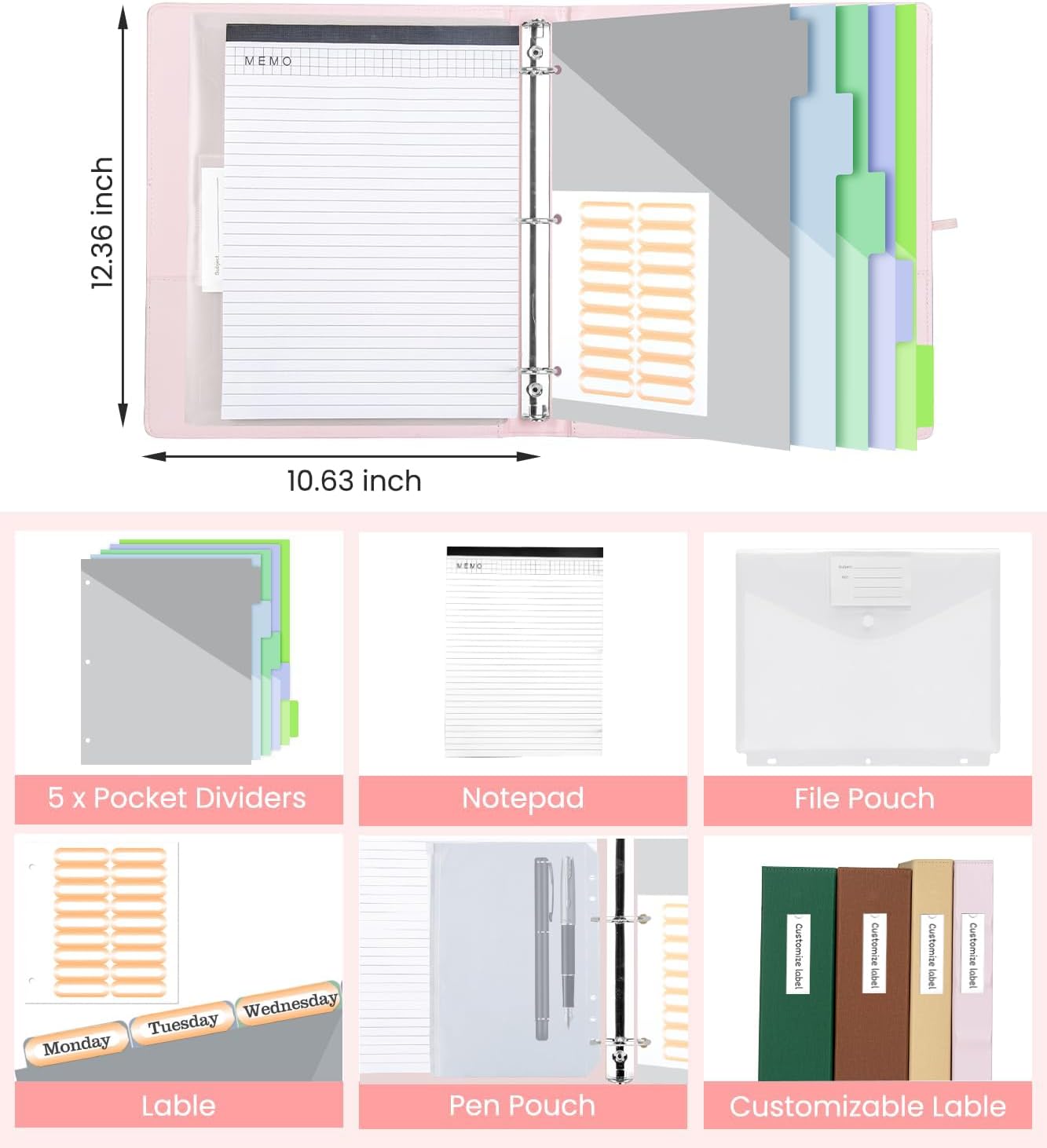 3 Ring Binder with Clipboard,1 Inch Binders with Notepad&5 Dividers with Pockets, Labels,PU Clipboards for School Office(Pink,Letter Size) - Image 4