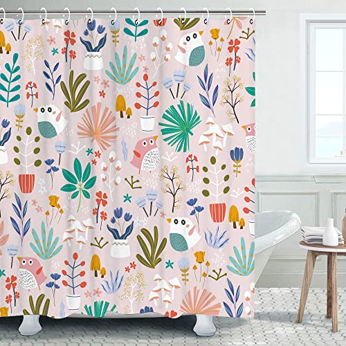 Kids Shower Curtain Woodland Shower Curtain Girls Shower Curtain Cute Shower Curtain Pink Shower Curtain for Bathroom with Hooks Children's Bathroom Sets Cartoon Animal Plant, 72"x 72"