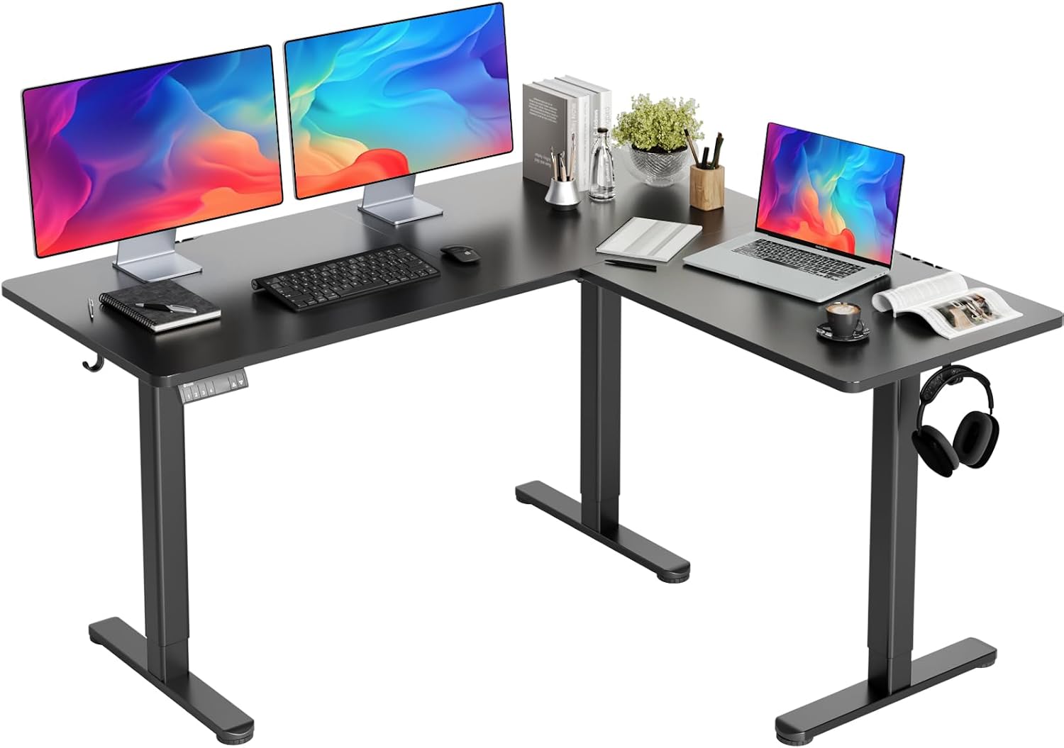 INNOVAR L Shaped Standing Desk, Dual Motor Electric Adjustable Height Corner Sit-Stand Desk with Splice Board 63x55 Inches, Black