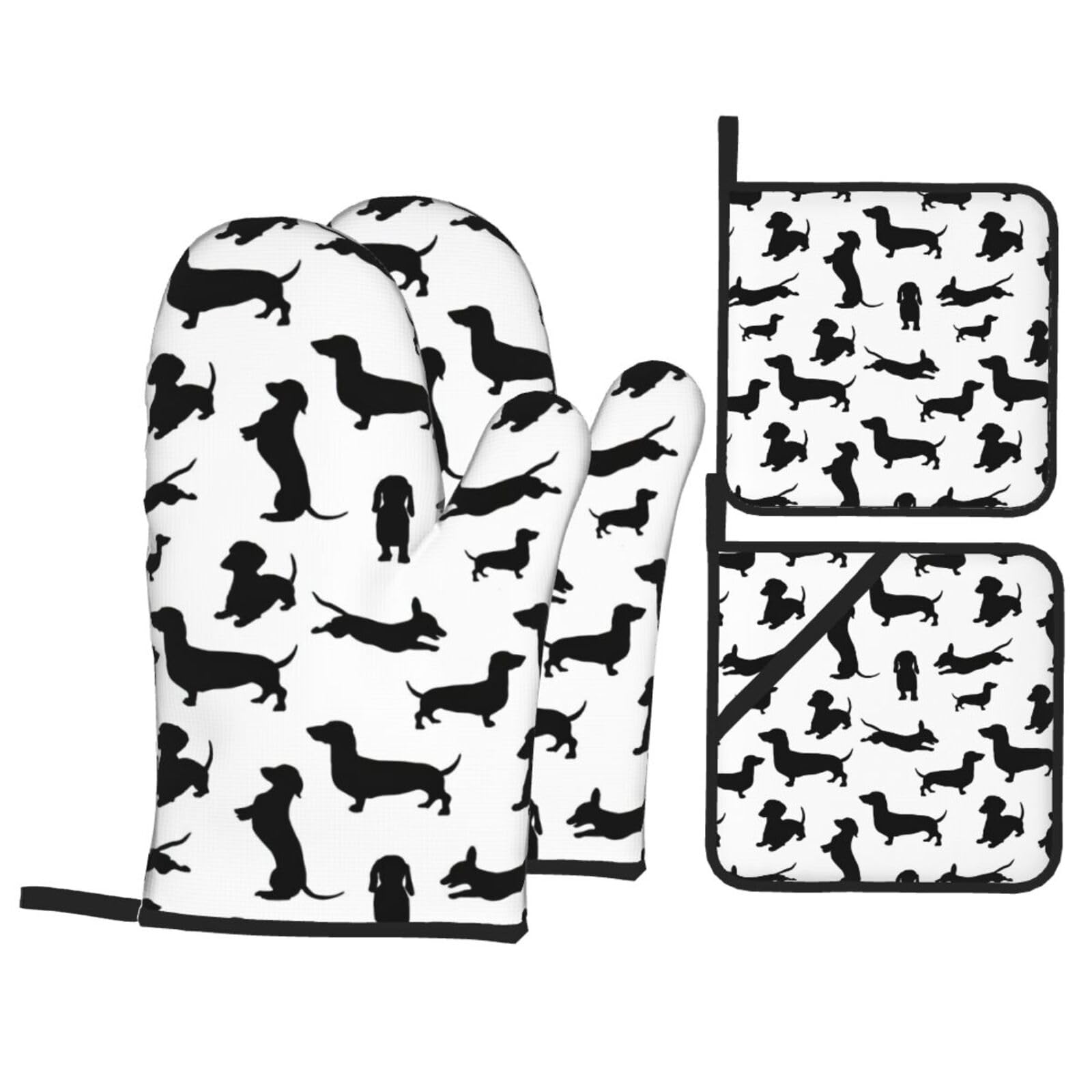 Black Dogs Dachshund Dog Print 4-Piece Oven Microwaving Set Waterproof Kitchen Gloves for Baking Grilling Cooking