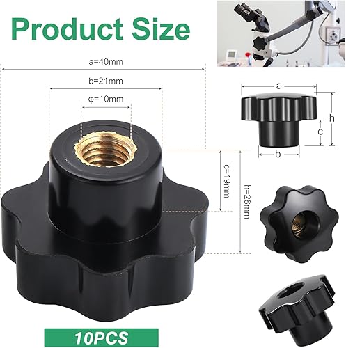 Miniatura 2 de OCR Pomo de sujeción de rosca moleteada M10 de 7 estrellas, perillas de mano en forma de estrella, pomos de mano de plástico negro con sujeción a