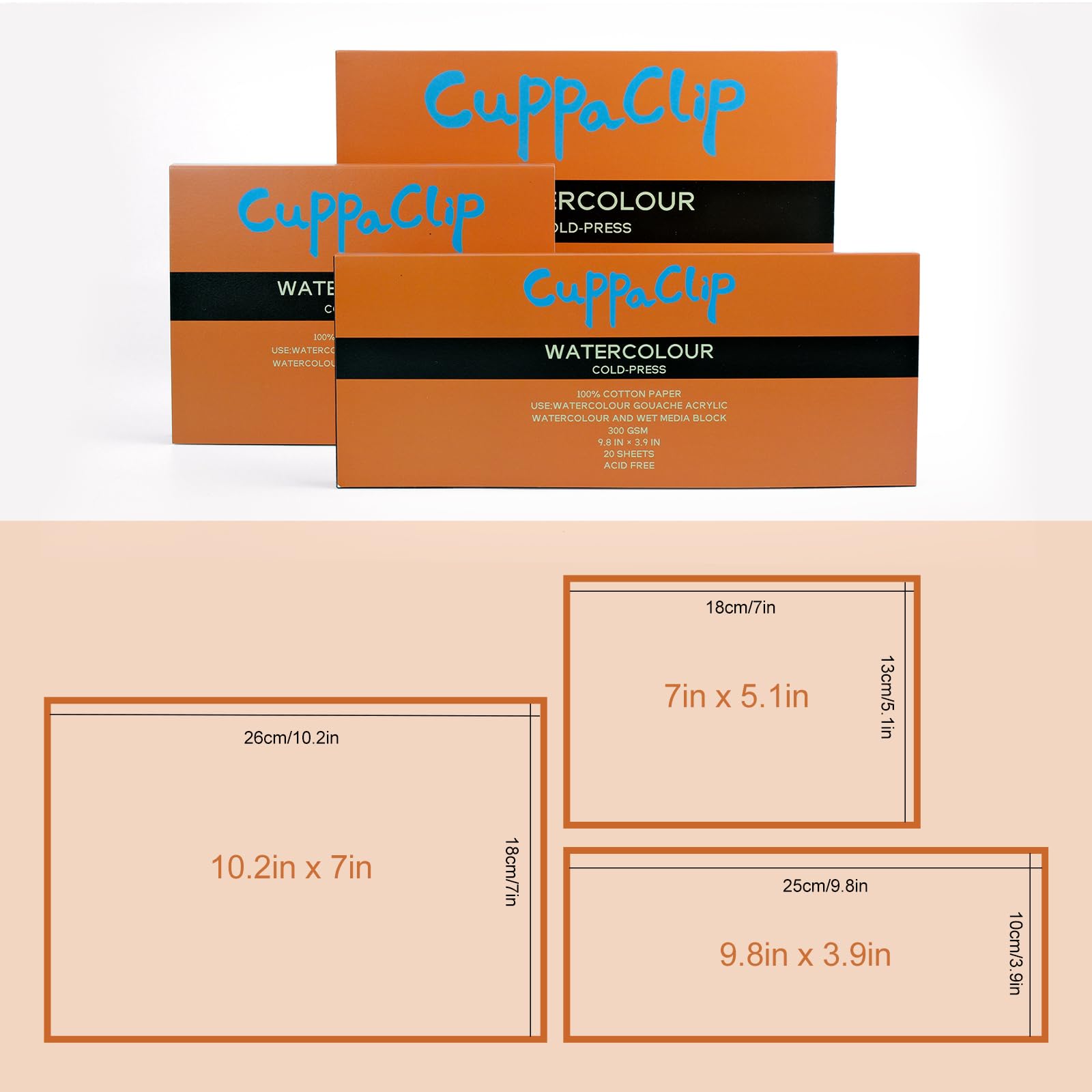 CuppaClip Bloc de papier aquarelle en pur coton 300 g/m² - Sans acide - 20 feuilles - Fournitures d'art aquarelle (presse à froid, 25,9 x 17,8 cm)