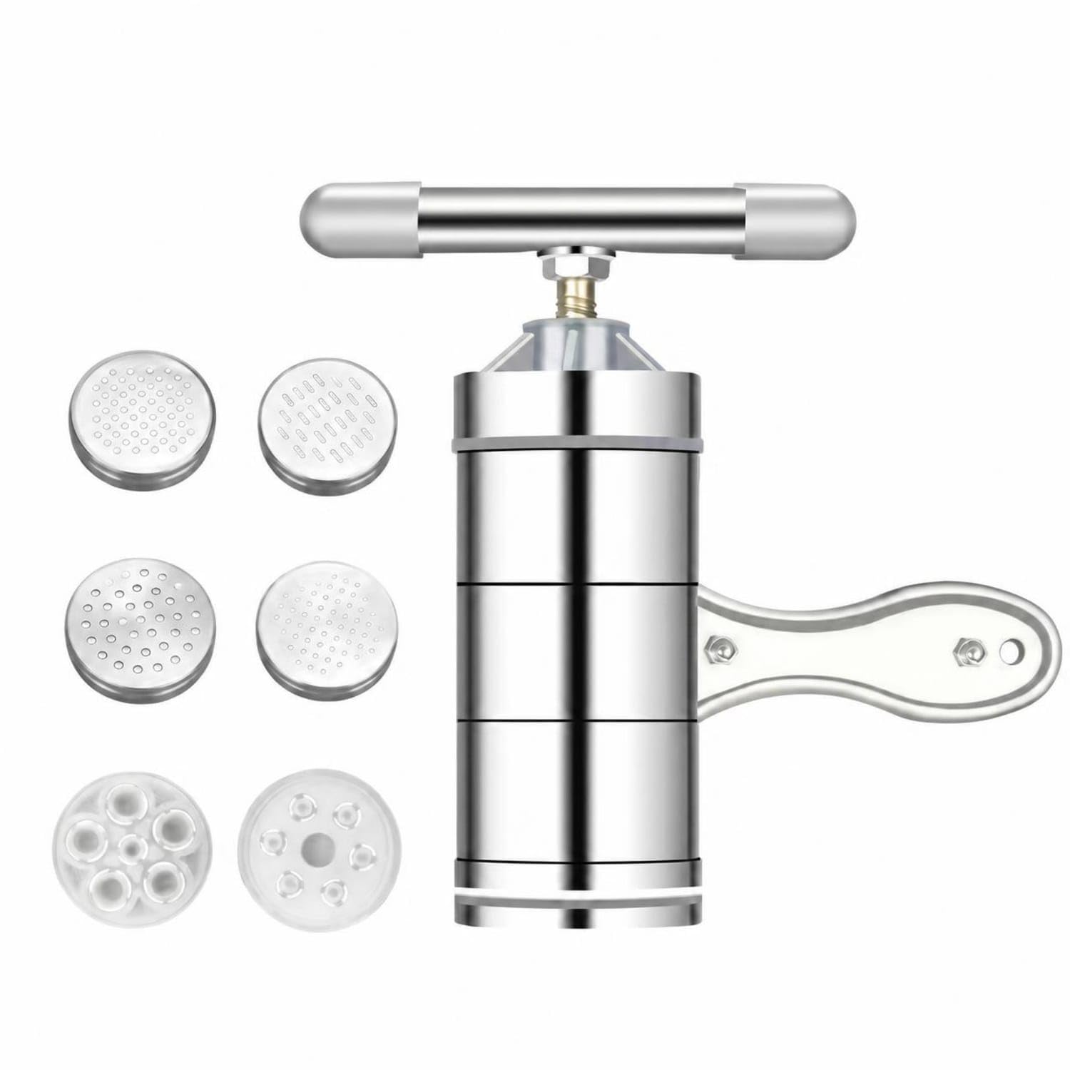 Compact Manual Noodle Press Cylindrical Body Stainless Steel Noodle Press Silver Finish Spaghetti Maker Long-Lasting, Ss 6-Mold-image-40