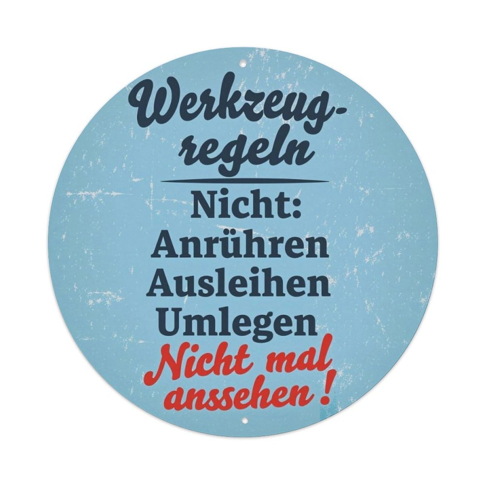 Light Blue Vintage Workshop German Funny Warning Round Decor Sign Vintage Aluminium Metal Sign, Retro Wall Decor for Home, Bar, Garage & Farmhouse 20x20cm