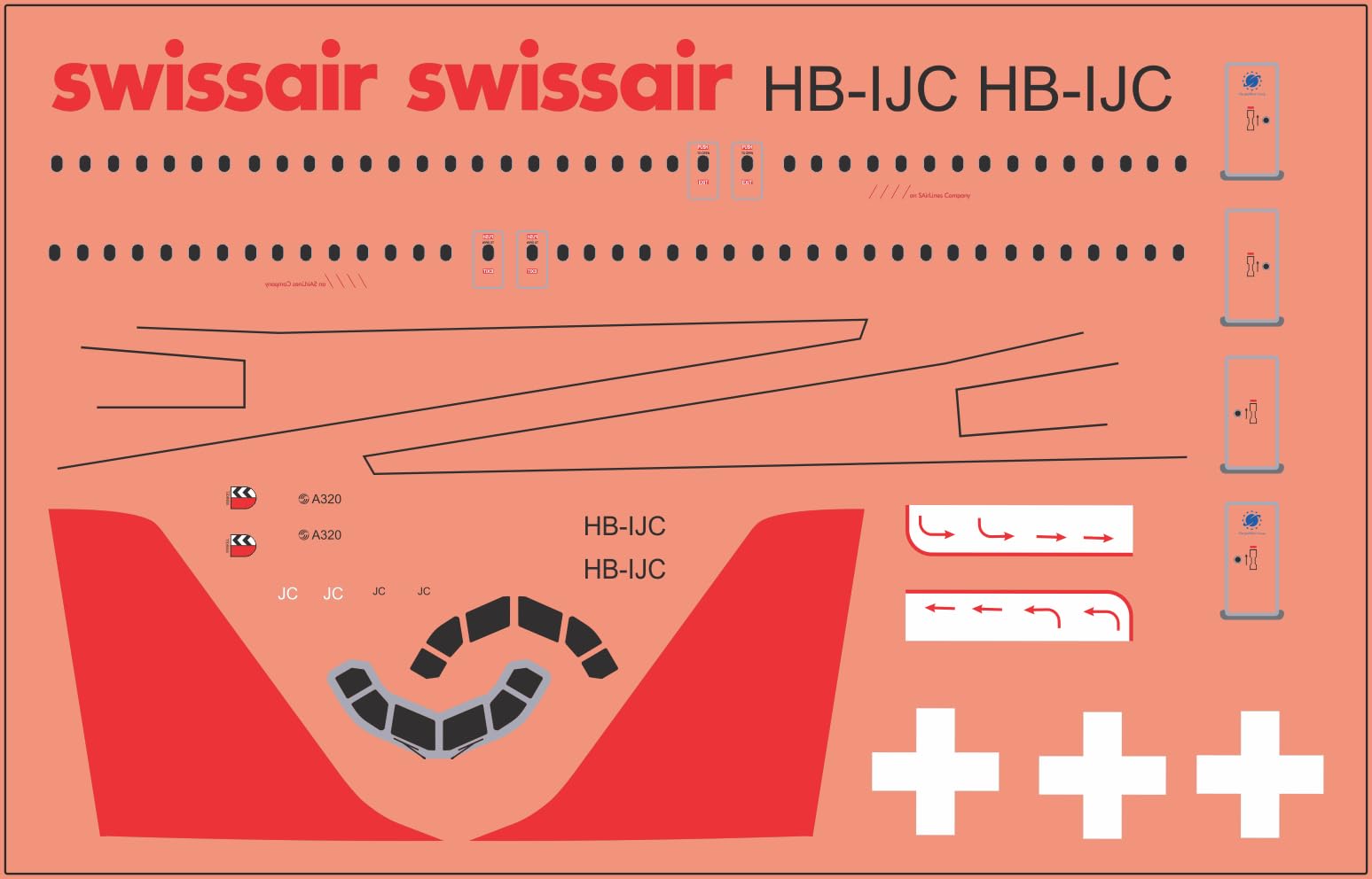 A320 NEO Swissair Multi-Scale Waterslide Decal Set, 1/200, 1/144, 1/100, 1/72, 1/48 Scale, Swiss Cross Tail Logos, Window Frames, Technical Markings (1/144)