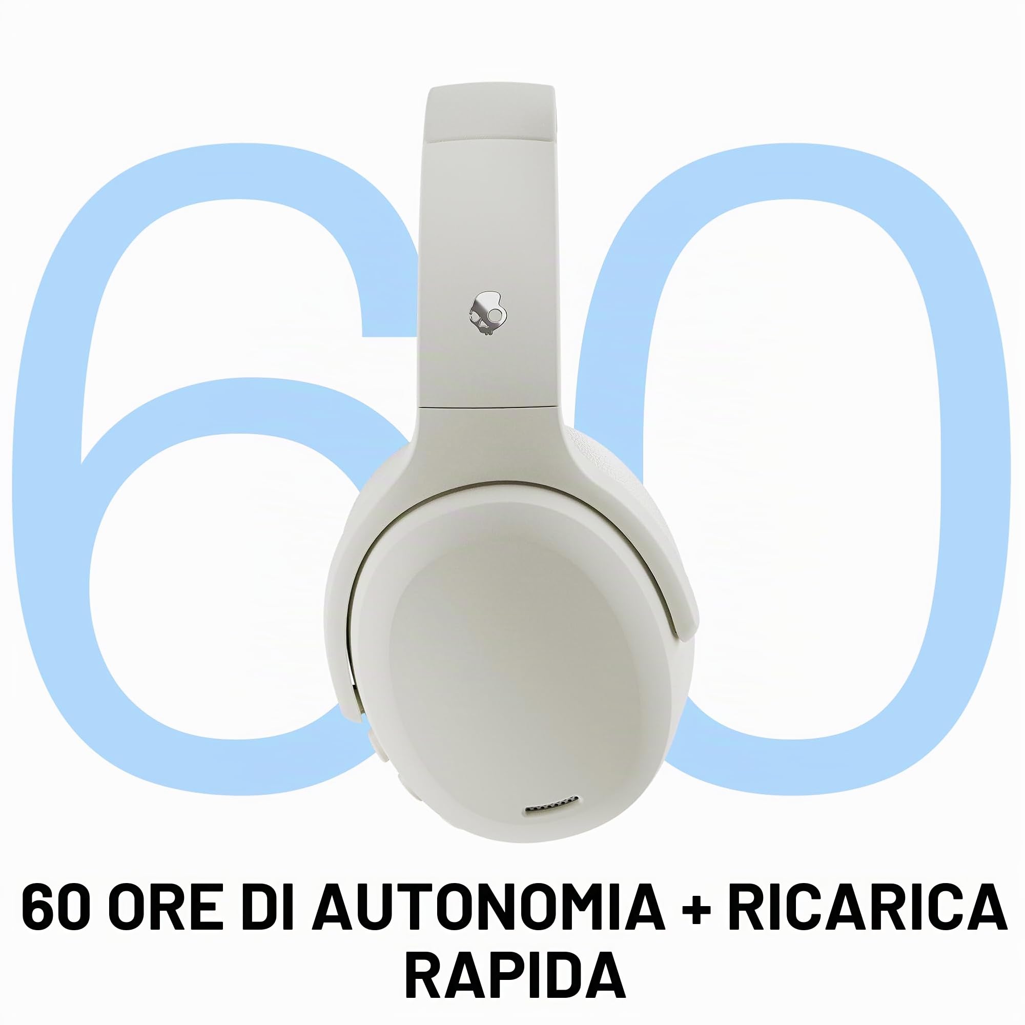 Skullcandy Crusher ANC 2 Cuffie Wireless Over-Ear con Bluetooth, Cavo USB-C Extra, Bassi Multisensoriali, Cancellazione Attiva del Rumore, 60 Ore di Autonomia - Bianco