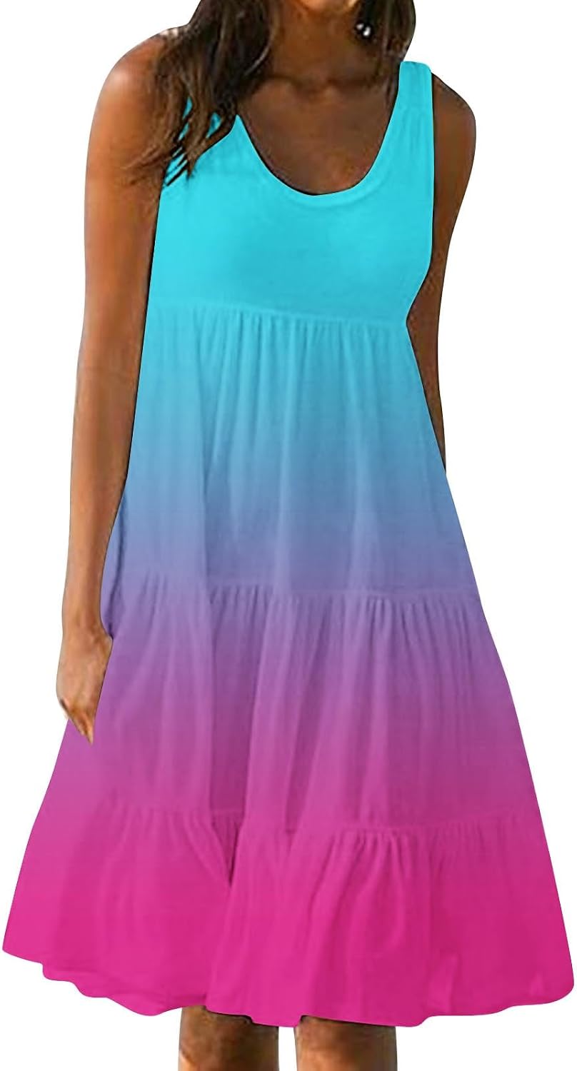 Women Summer Dresses Gradient Sleeveless Midi Dress Tiered Boho Sundress | Flowy Casual Tank Dress Summer Vacation Cute Outfits Lightweight Beach Cloth for Travel Weekend Out Going