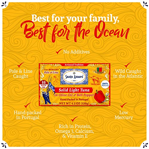 Image of Santo Amaro - Artisanal Wild Tuna Fillets in Olive Oil & Red Bell Pepper, Pole & Line Caught Tuna from Portugal, Hand-Packed Sevilla-Style Canned Tuna Fish, 22g Protein, Keto, Low Mercury, Pack of 6