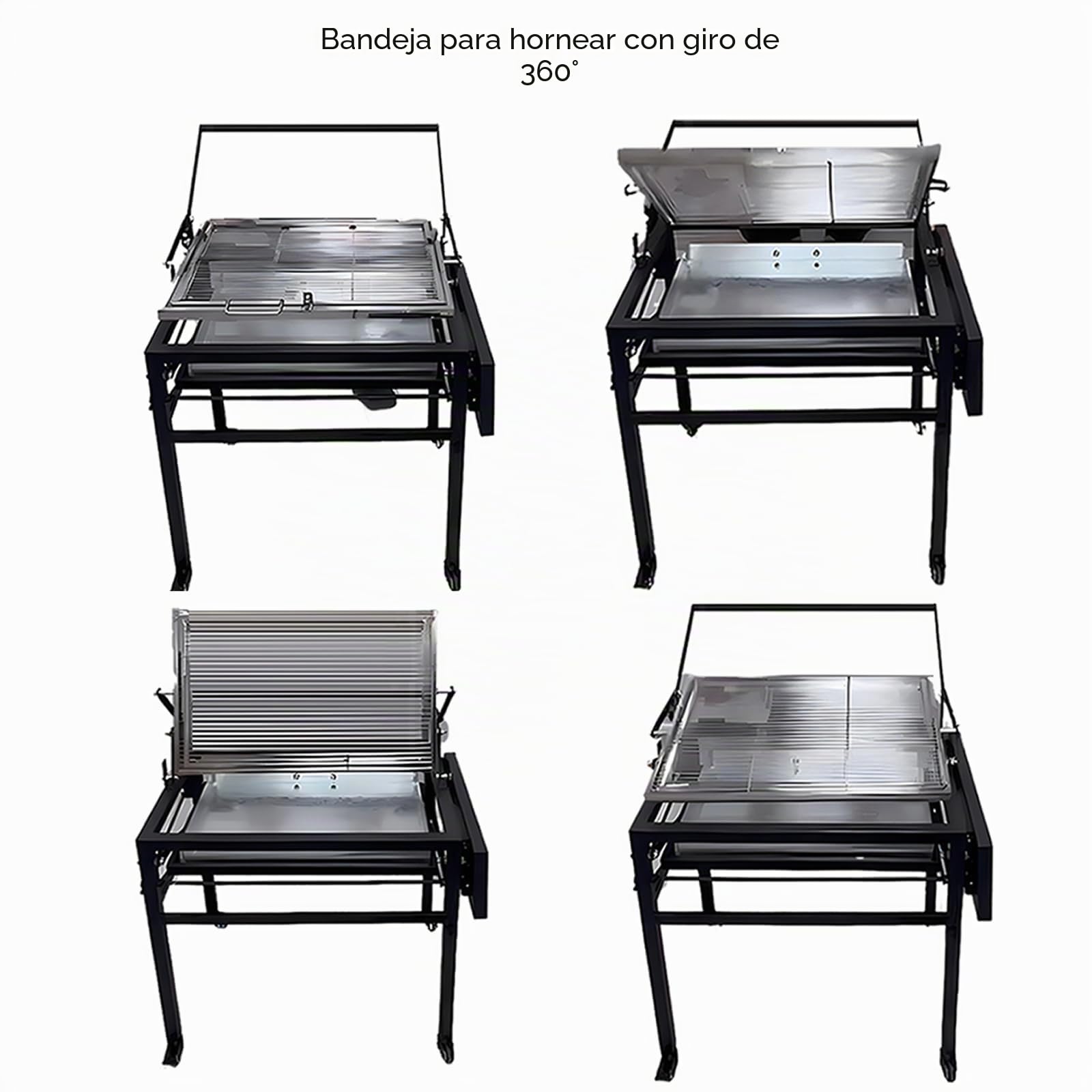Parrilla de carbón para barbacoa con carrito, parrilla portátil desmontable cuadrada resistente al aire libre, parrilla de cocción giratoria de 360 grados con ruedas para camping, jardín, barbacoa