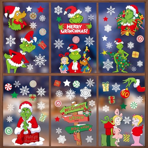 RICEDUO Christmas Window Clings, 9 Sheets Double-Sided Printed Christmas Elf Faces Window Stickers, Christmas Window Decals with Snowflake Decals for Christmas Decorations