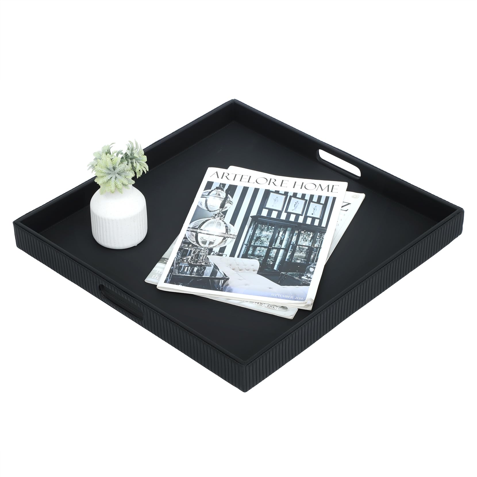 HofferRuffer Bandeja otomana de cuero con asas, 50 x 50 cm, bandeja para servir (negro)