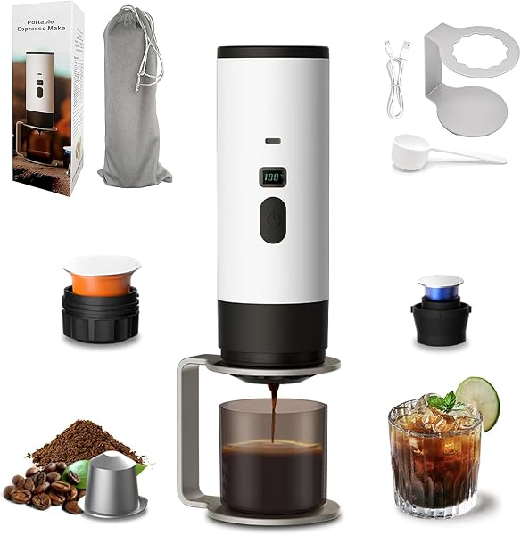 Generico Macchina da Caffe Portatile 3-in-1, Macchina per Caffè Espresso Portatile con Display LED e Serbatoio 90ml,15 Bar, Auto-Riscaldamento, USB-C, con Caffè Macinato/Capsula NS (Bianco) - 1