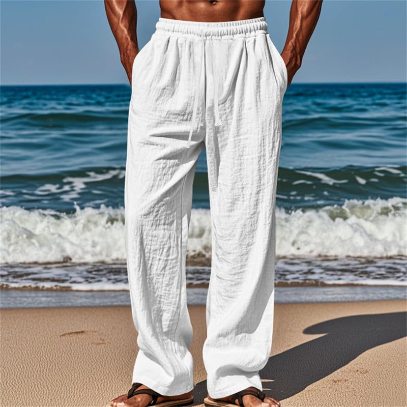 VIVICOLOR Mens Cotton Linen Drawstring Elastic Beach Pants Casual Lightweight Summer Beach Bottoms2