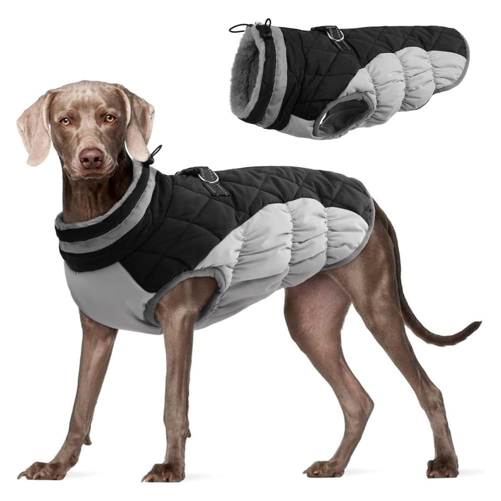 Warmer Wintermantel Für Hunde, Hundemäntel Für Kleine Hunde, Wasserdicht Im Winter, Mit Fleece Gefütterte Reflektierende Hundejacke, Warmer Haustiermantel Mit Integriertem Geschirr,Schwarz,L