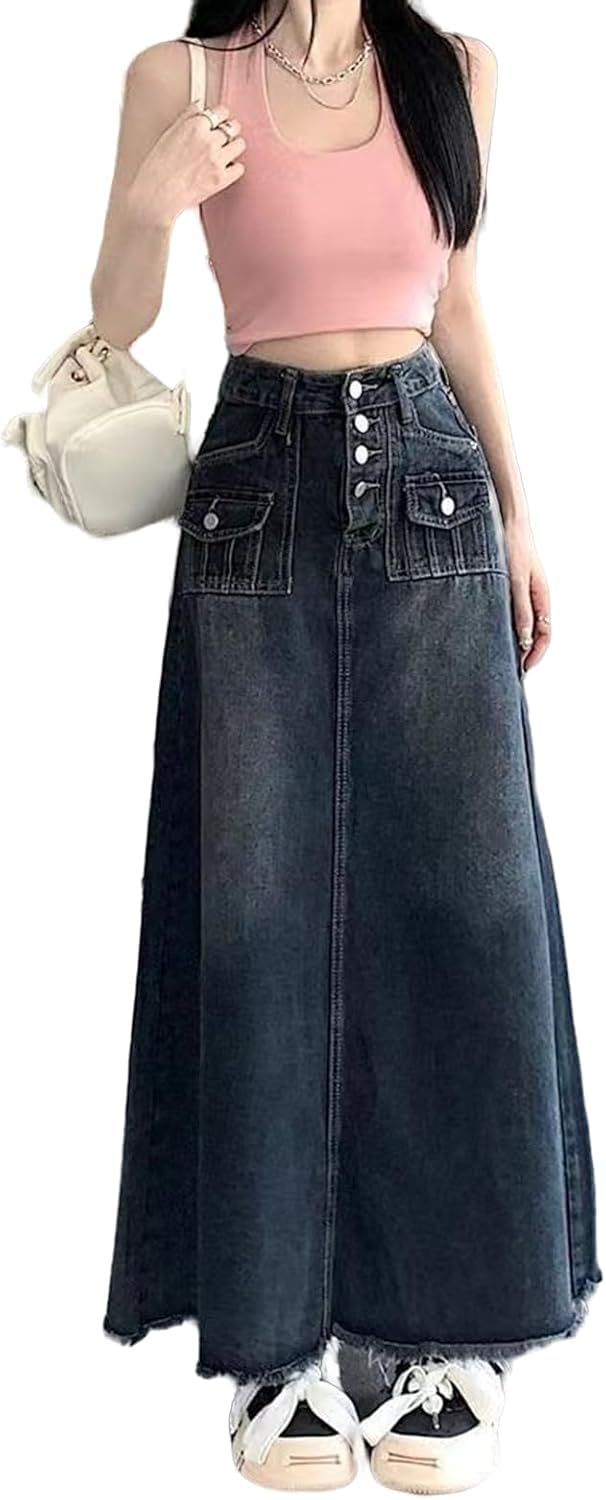 Jeansrock Frühling Sommer Mode Ausgefranster Saum Tasche Hohe Taille Langer Jeansrock Locker Übergröße, Blue, S