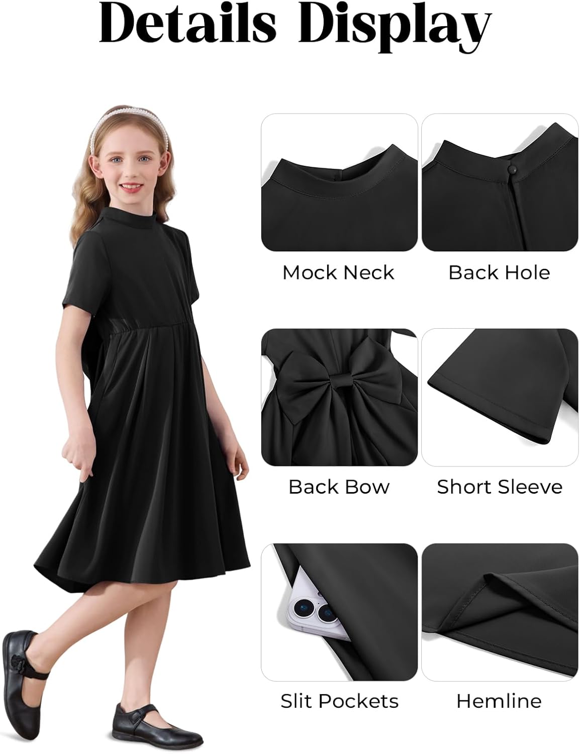 Haloumoning Girls Dresses Kids Back Bow Mock Neck Short Sleeve A-Line Party Midi Dress with Pockets 5-14Y - Image 7