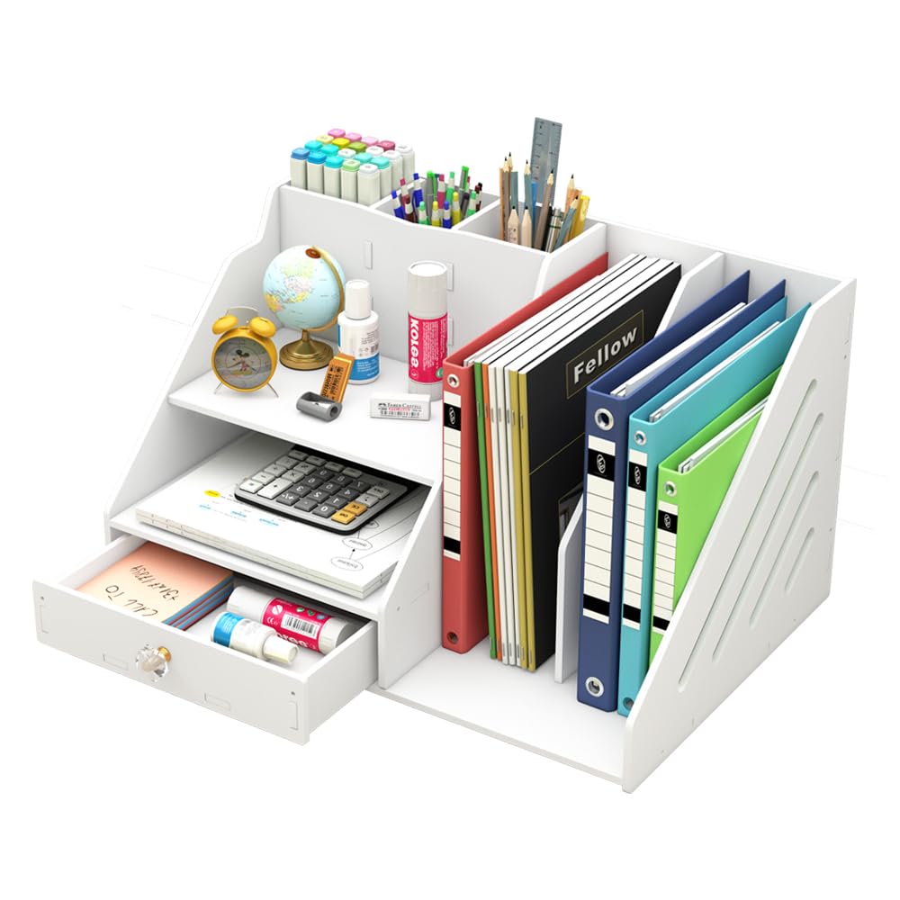 Kaishuai Büro organizer-2-stufiger Papier Organizer mit Schublade und 3 Stifthaltern,Schreibtisch organizer-2-stöcki Schreibtisch Akten Organizer für büro Schreibtischutensilien (weiß)