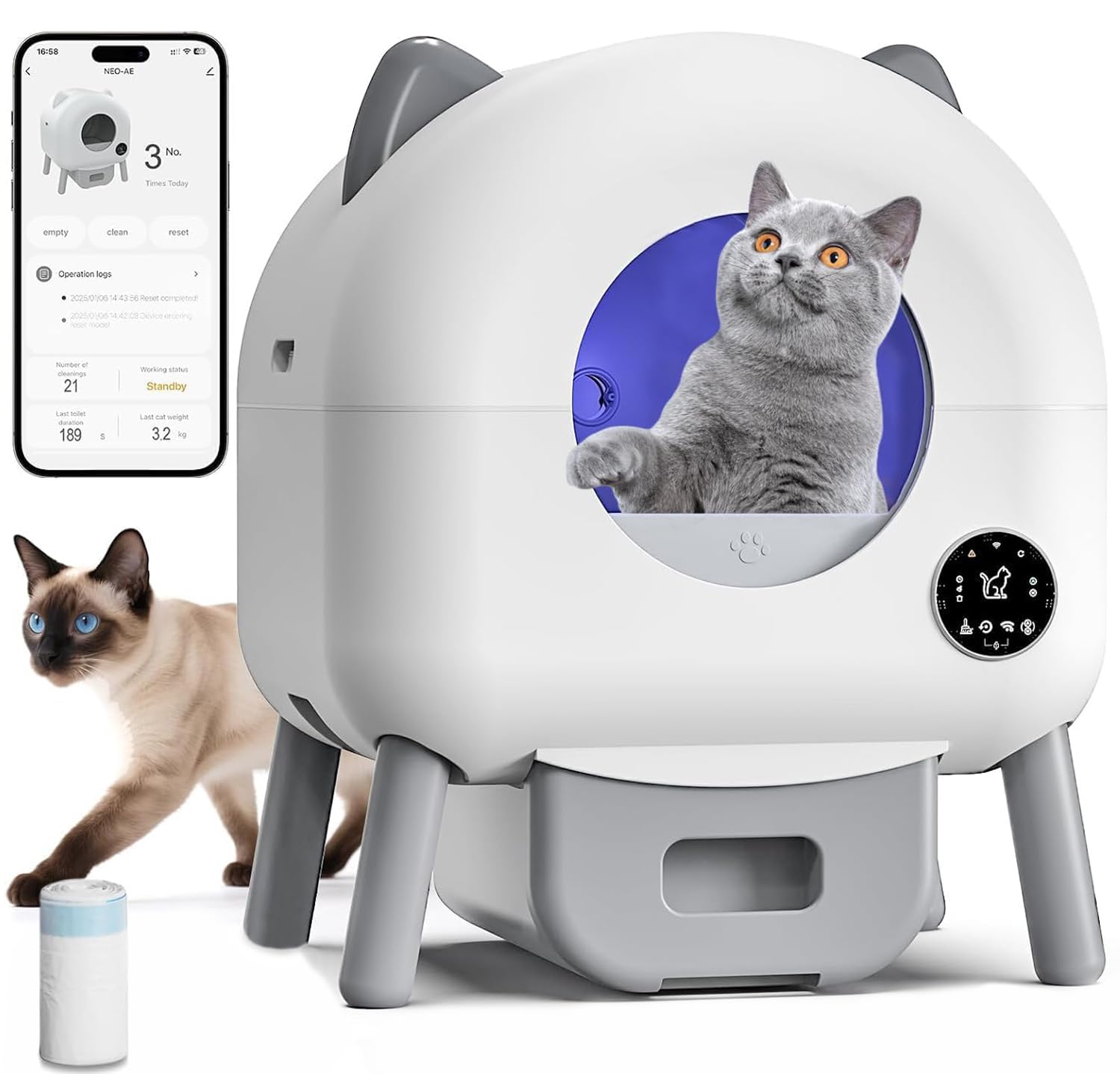 Caja de arena autolimpiable para gatos, 100 L, caja de control de arena extraíble, control de aplicación, advertencia de seguridad, aislamiento de olores, para varios gatos