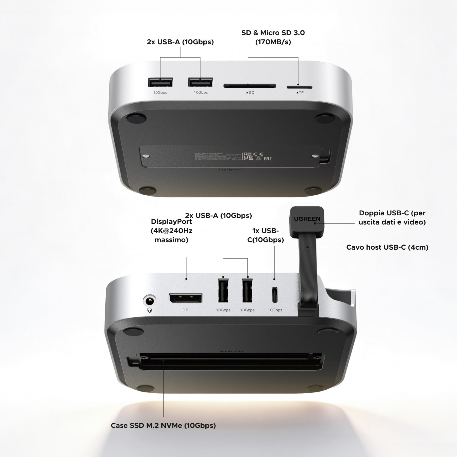 UGREEN Docking Station Hub USB C e Supporto per Mac Mini M4 e M4 Pro | 10 in 2, con Boîtier M.2 NVME SSD, DisplayPort 4K 240Hz 144Hz, 5 Porte USB 4A1C 10Gbps, Lettore di Schede SD TF, 3.5mm Aux