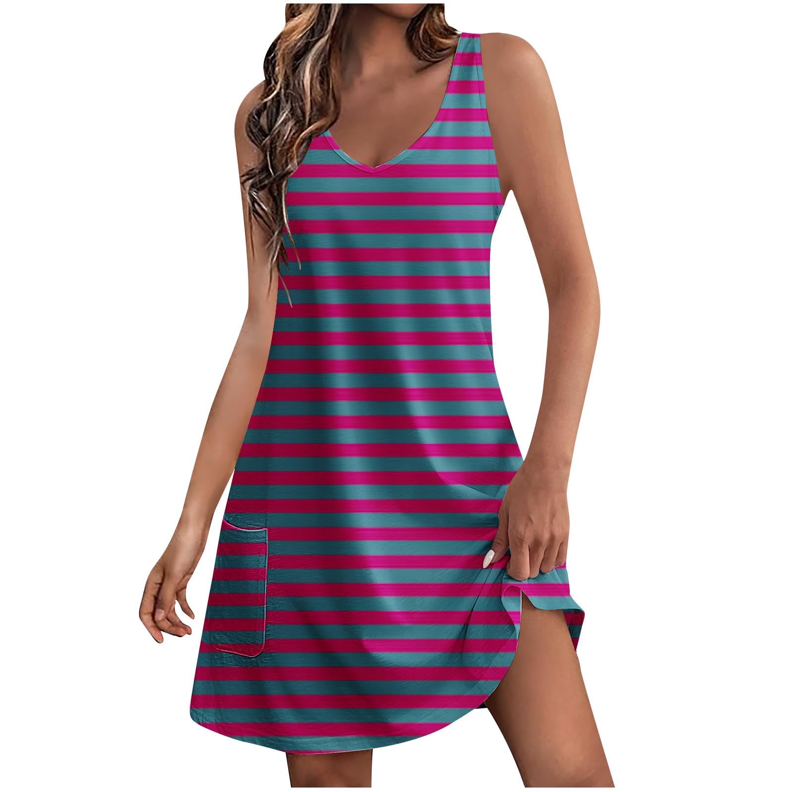 NUSGEAR Vestidos Corto para Mujer 2024 Casual Fiesta Vestidos sin Manga Verano Color sólido Estampado Raya Bolsillos Moda Cuello en V Basic Suelto Elegante Vestidos de Noche Algodón Playa Vacaciones