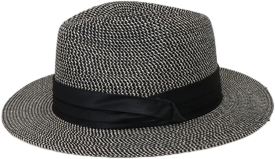 Wide Brim Fedora Sun Hat, Black and White Woven Pattern, Classic Band Detail