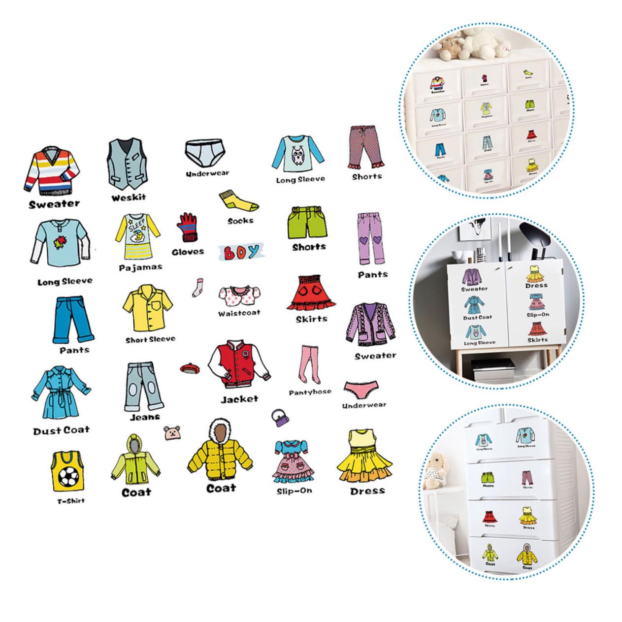 TOYANDONA Self-Adhesive Clothing Sort Stickers for Wardrobe Drawer Organization with Pictures and Text Removable Clothes Classification Labels for Home Storage and Nursery Decoration Decals - Image 4