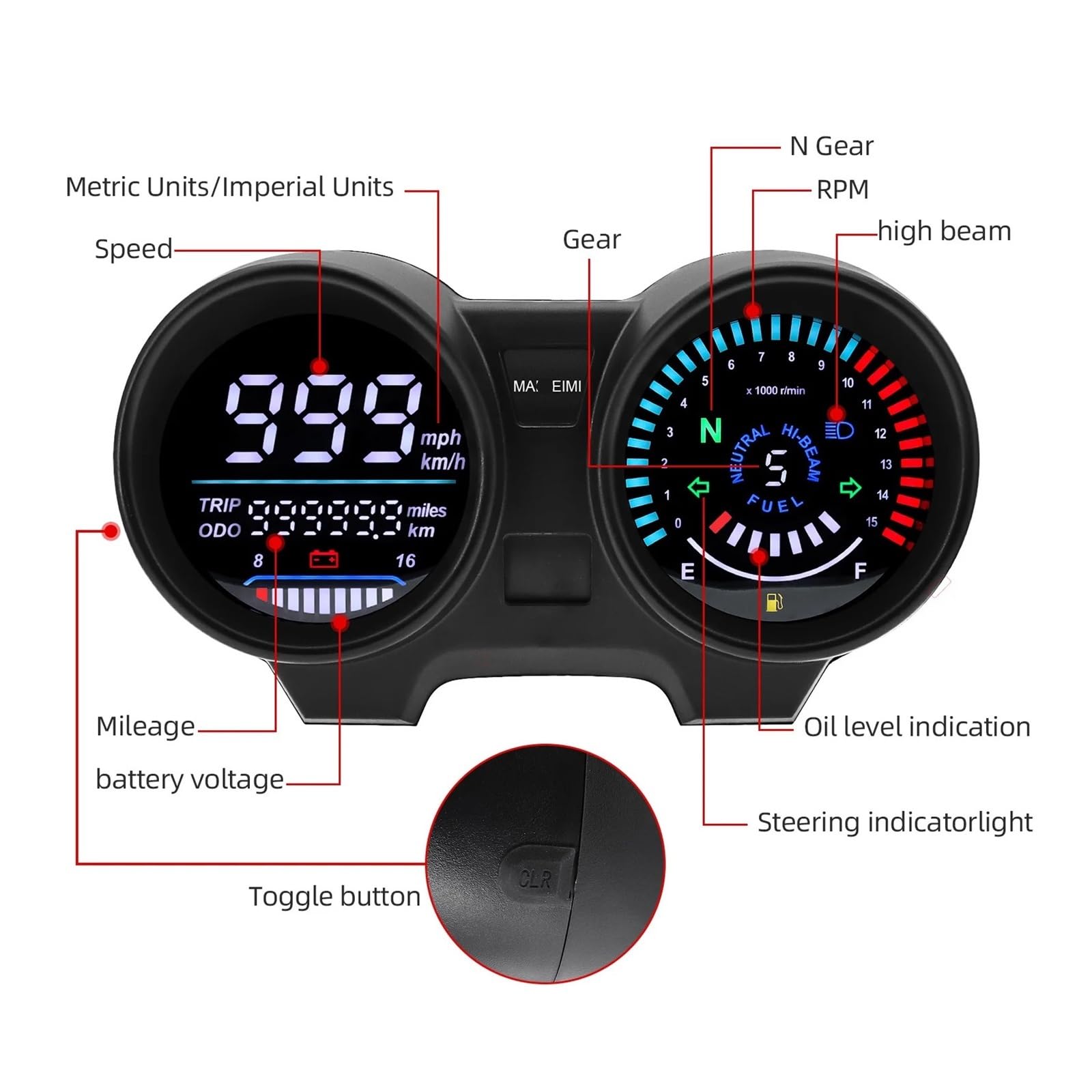 Contagiri contachilometri Tachimetro Universale Per Moto Cruscotto Digitale Elettronica LED Contachilometri Contagiri Per Moto Per TITAN 150 Per