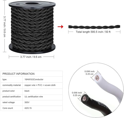 Miniatura 2 de Cable de tela trenzada de 50 pies, cable electrónico industrial antiguo, calibre 18 y 2 conductores de estilo vintage, cable de tela colgante (negro)
