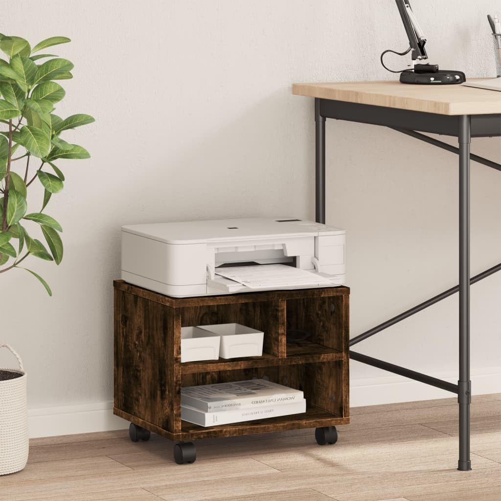 Druckerständer mit Rollen aus Räuchereiche Holzwerkstoff 41x32x34,5 cm mobiler Druckerwagen mit Ablage und Organizer für Büro, Homeoffice, Arbeitszimmer, platzsparend und stabil
